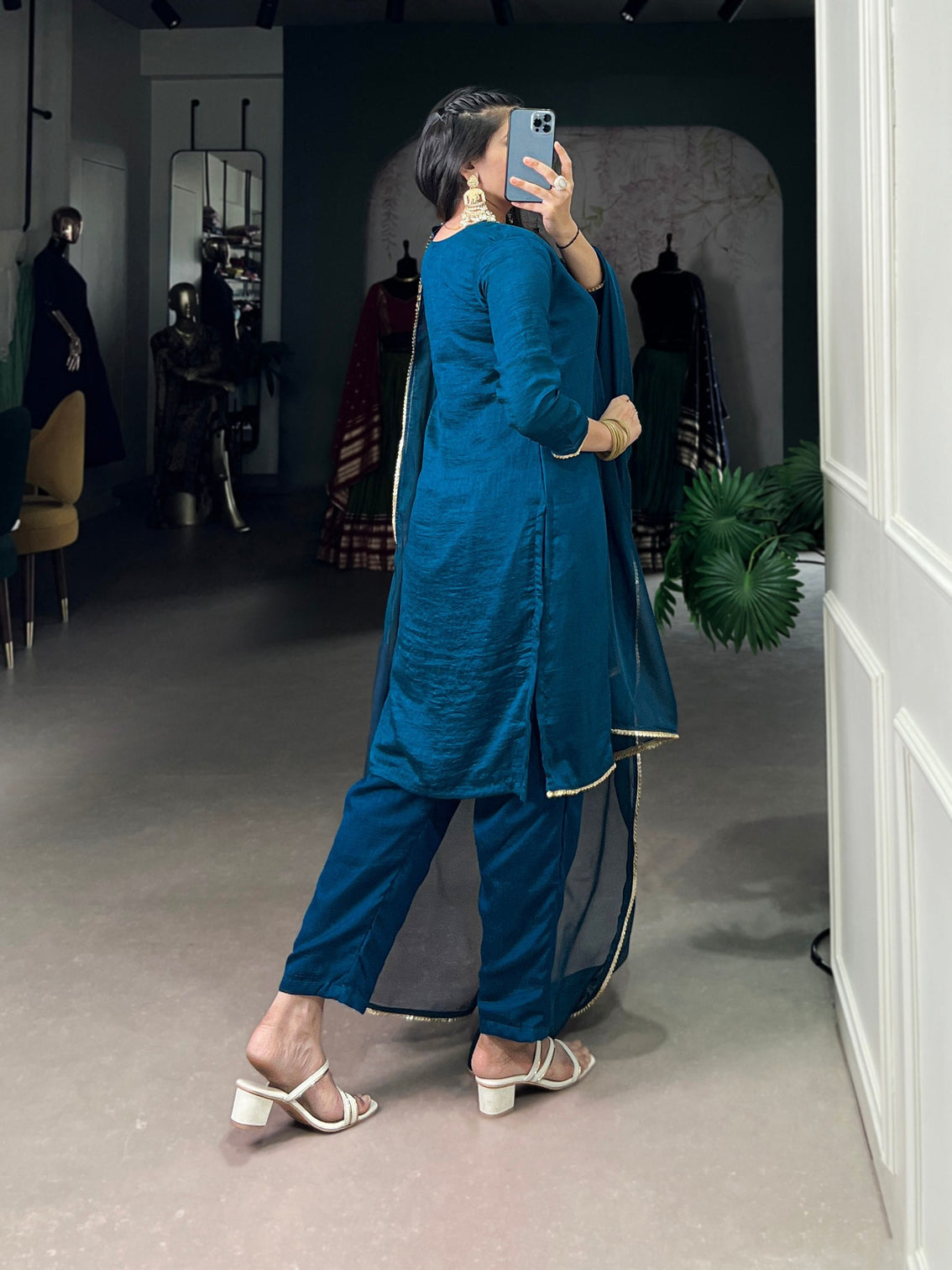 Teal Graceful Vichitra Silk Suit Set with Handwork & Sequins – Lace Border Dupatta, Stitched Top & Bottom