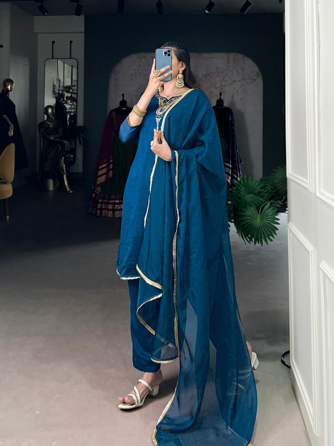 Teal Graceful Vichitra Silk Suit Set with Handwork & Sequins – Lace Border Dupatta, Stitched Top & Bottom
