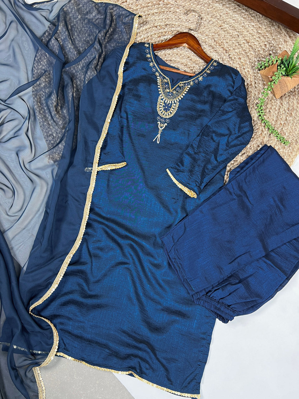 Teal Graceful Vichitra Silk Suit Set with Handwork & Sequins – Lace Border Dupatta, Stitched Top & Bottom