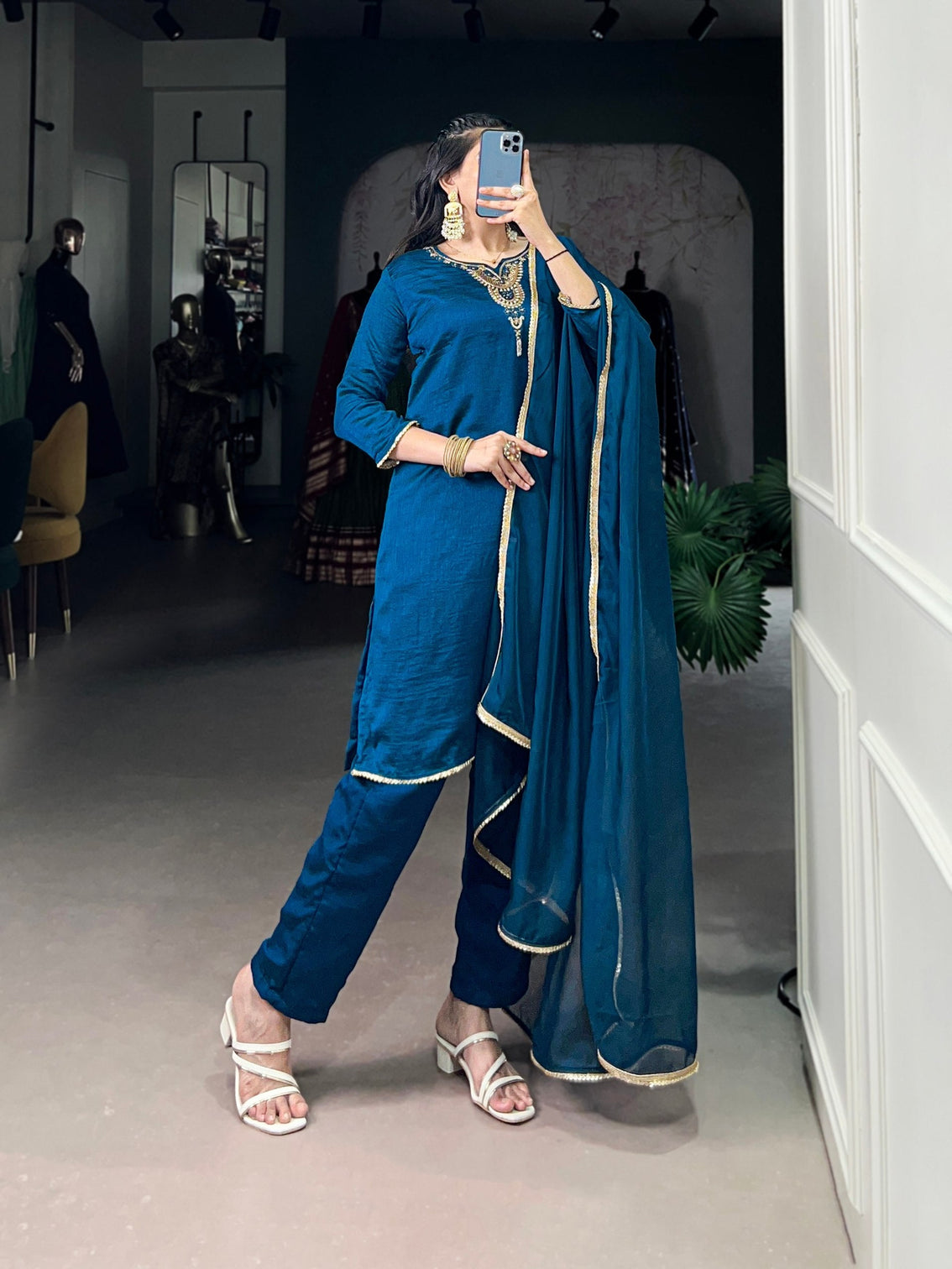 Teal Graceful Vichitra Silk Suit Set with Handwork & Sequins – Lace Border Dupatta, Stitched Top & Bottom