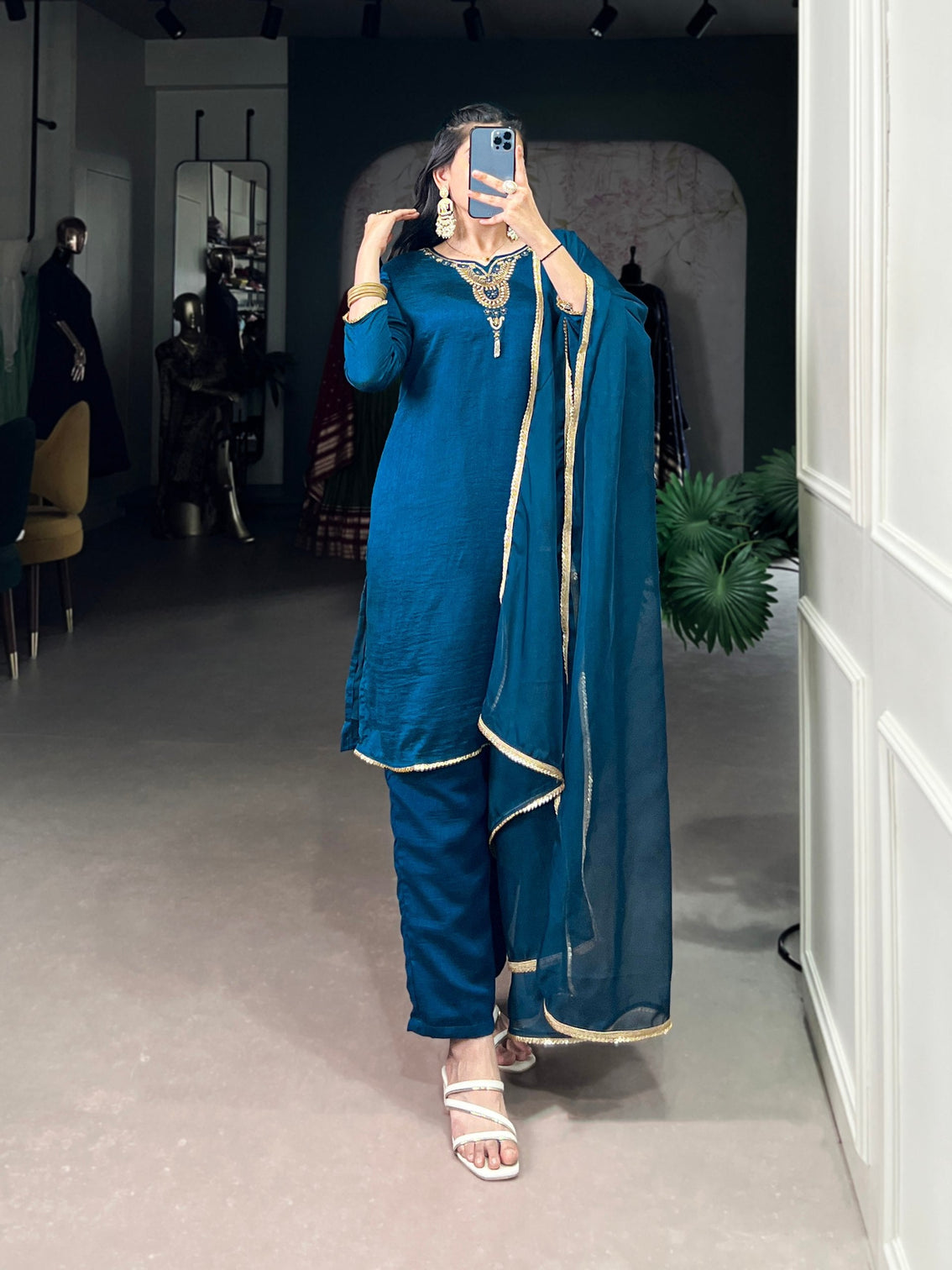 Teal Graceful Vichitra Silk Suit Set with Handwork & Sequins – Lace Border Dupatta, Stitched Top & Bottom
