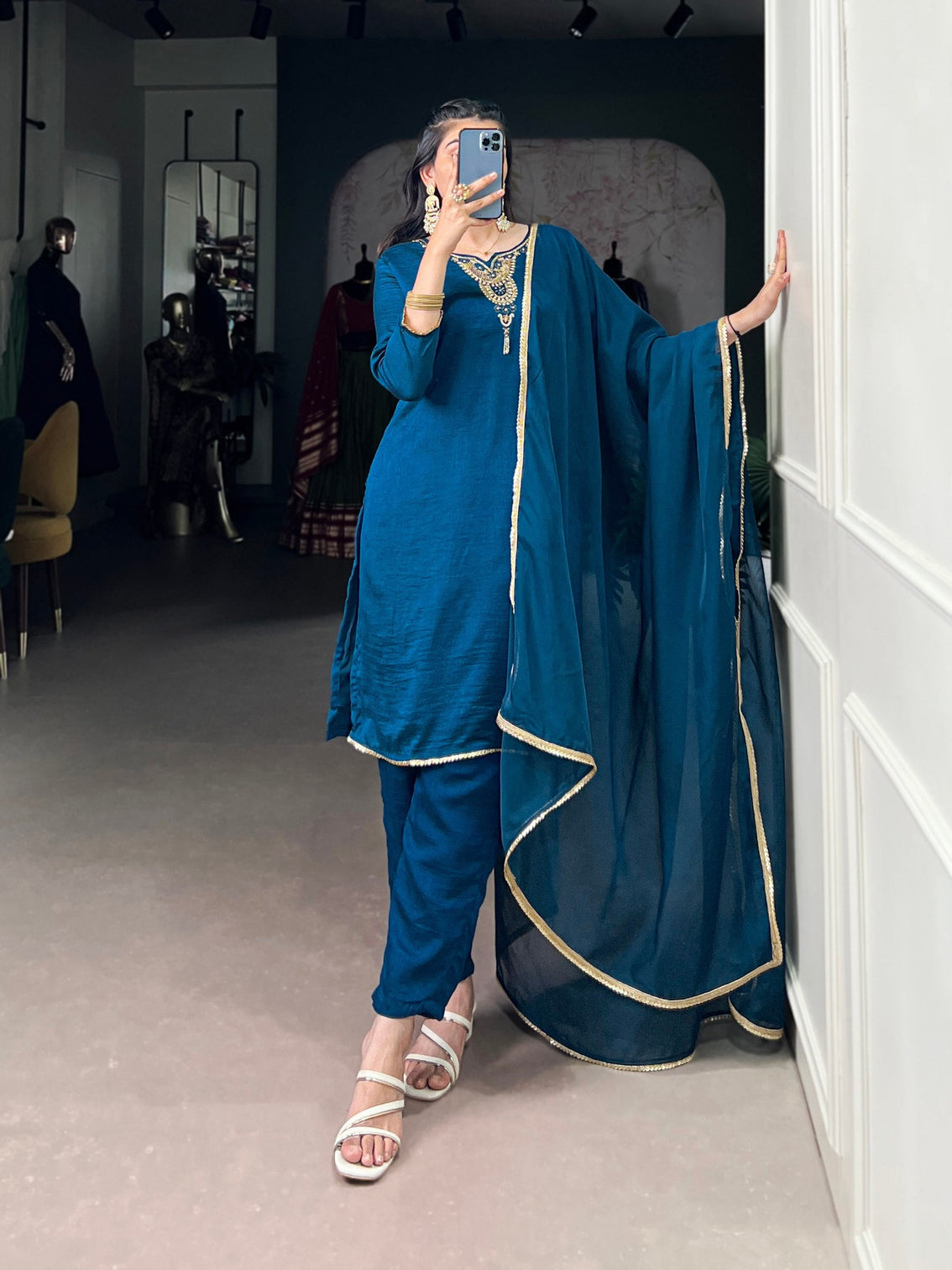 Teal Graceful Vichitra Silk Suit Set with Handwork & Sequins – Lace Border Dupatta, Stitched Top & Bottom
