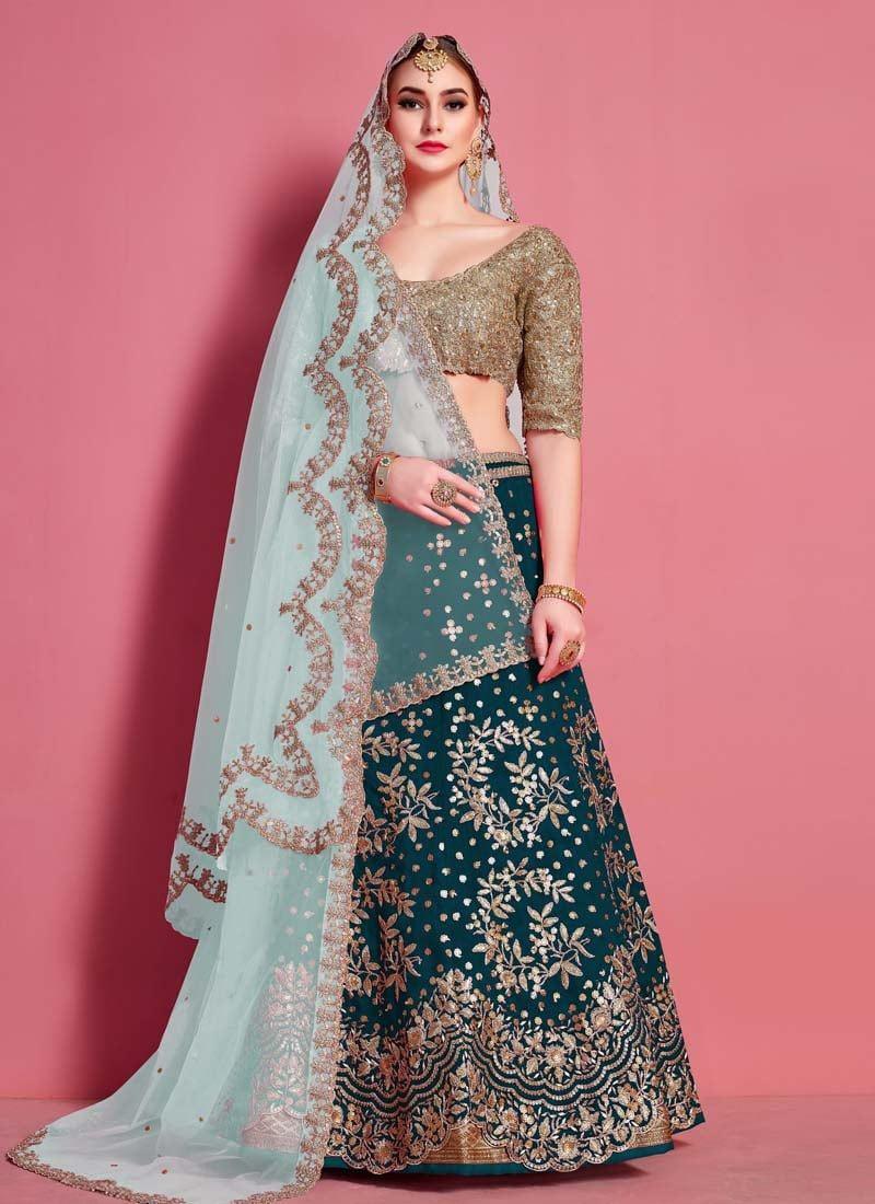 Teal Green Color Art Silk Material Lehenga Choli With Sequins Work