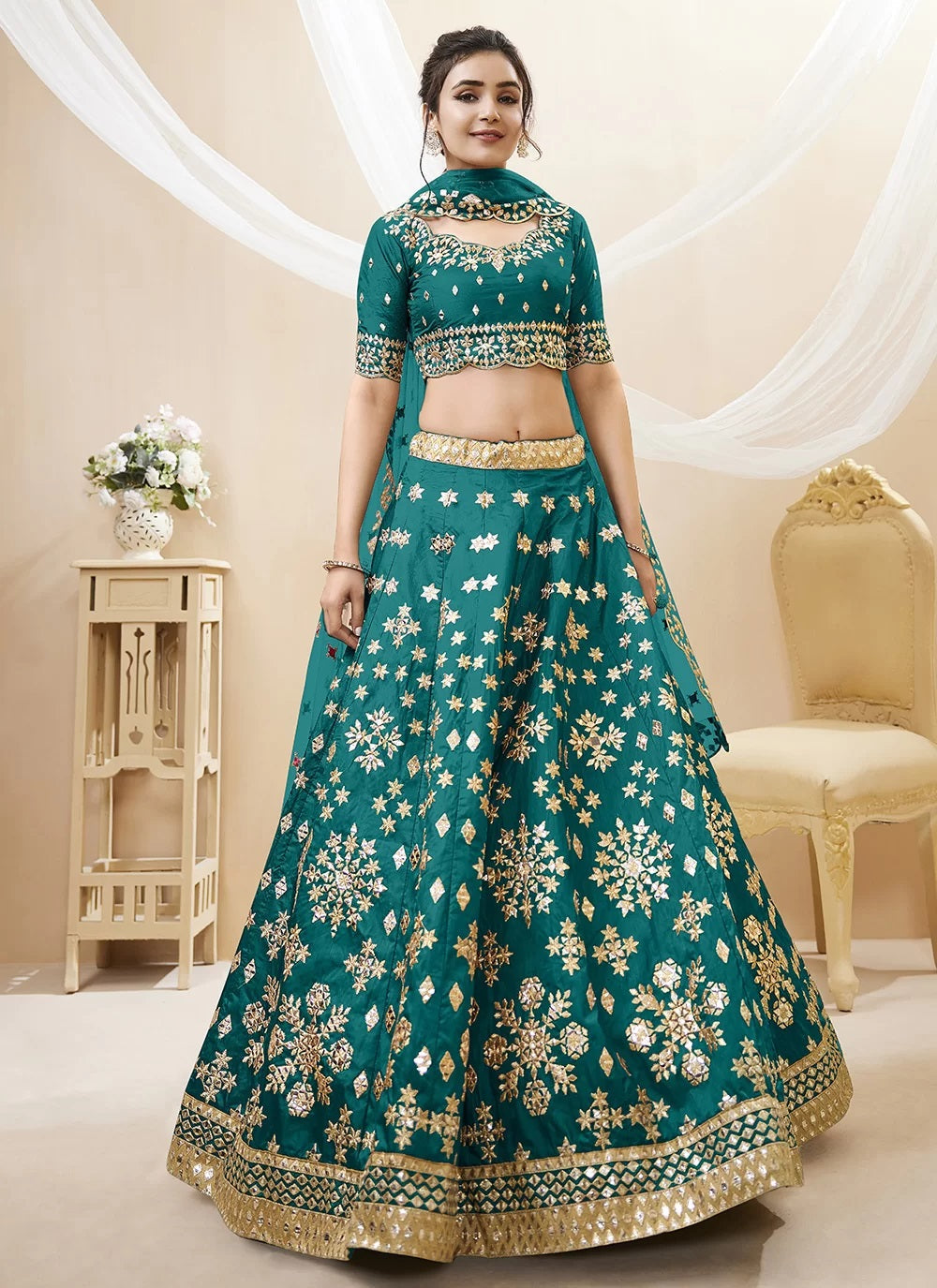 Teal green embroidered art silk designer lehenga