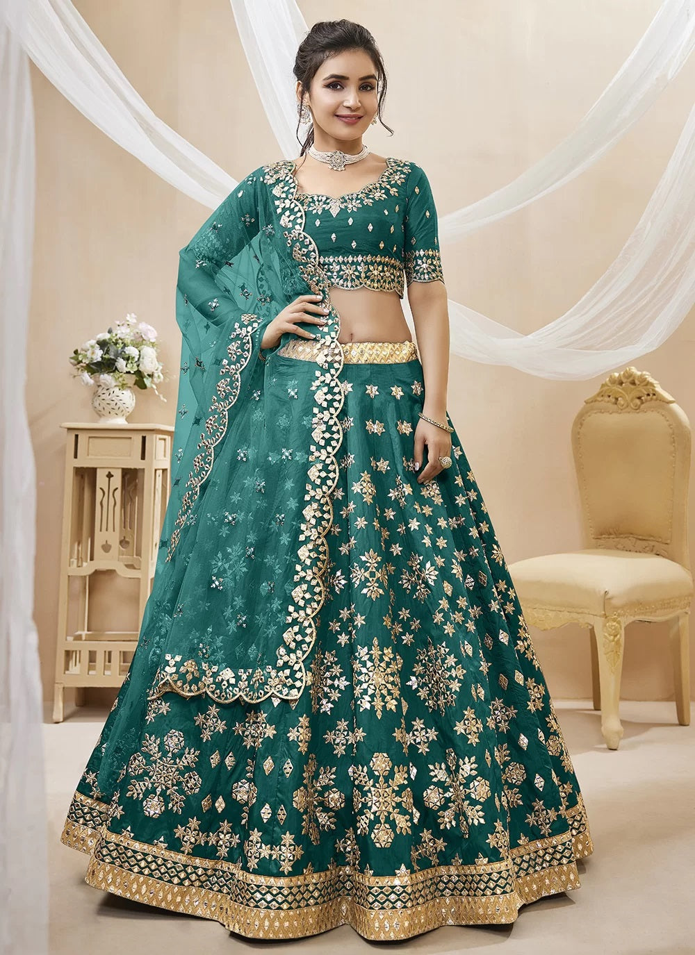 Teal green embroidered art silk designer lehenga