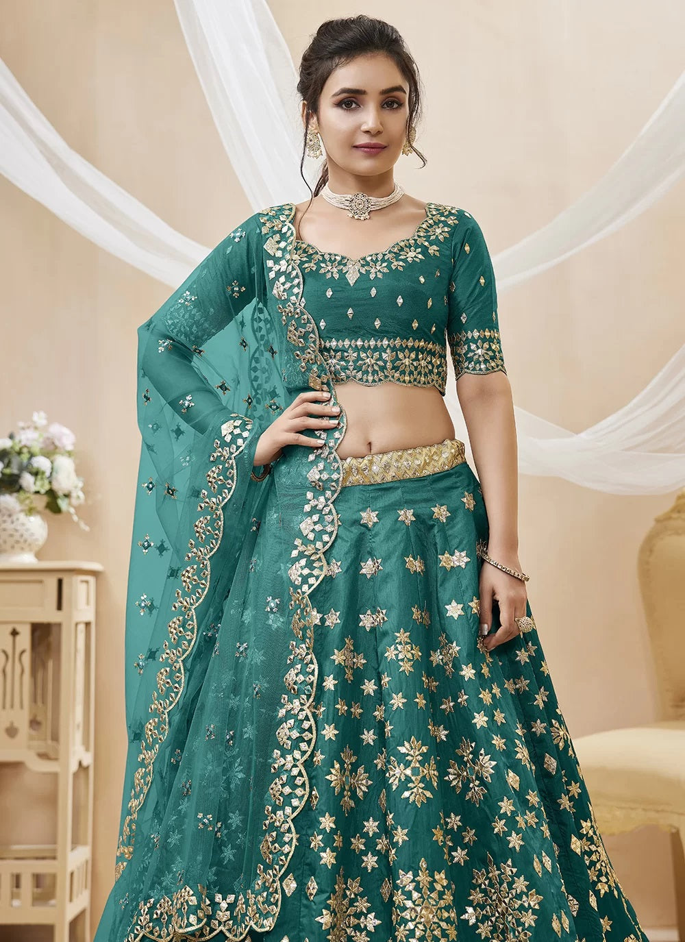 Teal green embroidered art silk designer lehenga