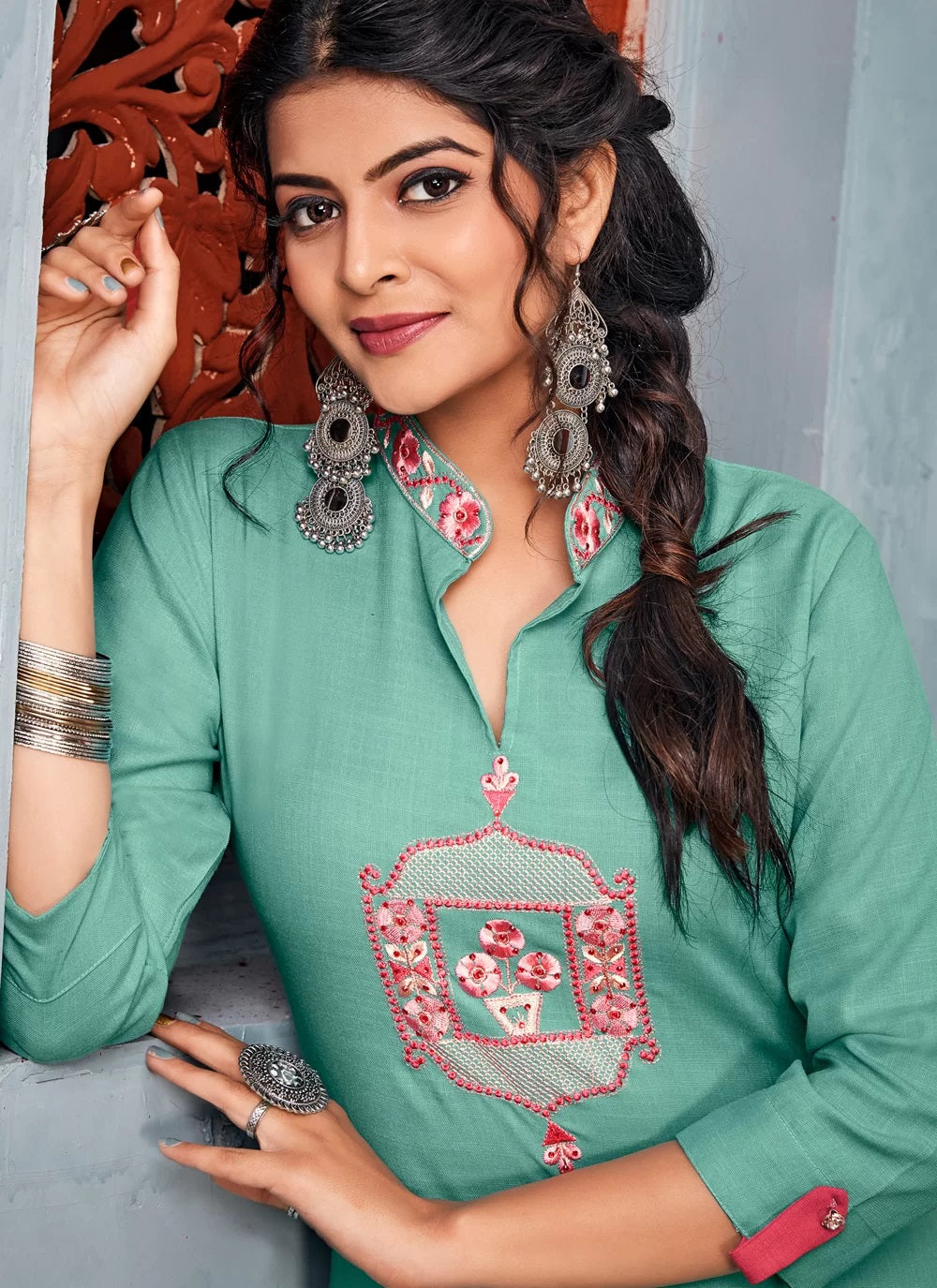 Teal green rayon kurti with pant