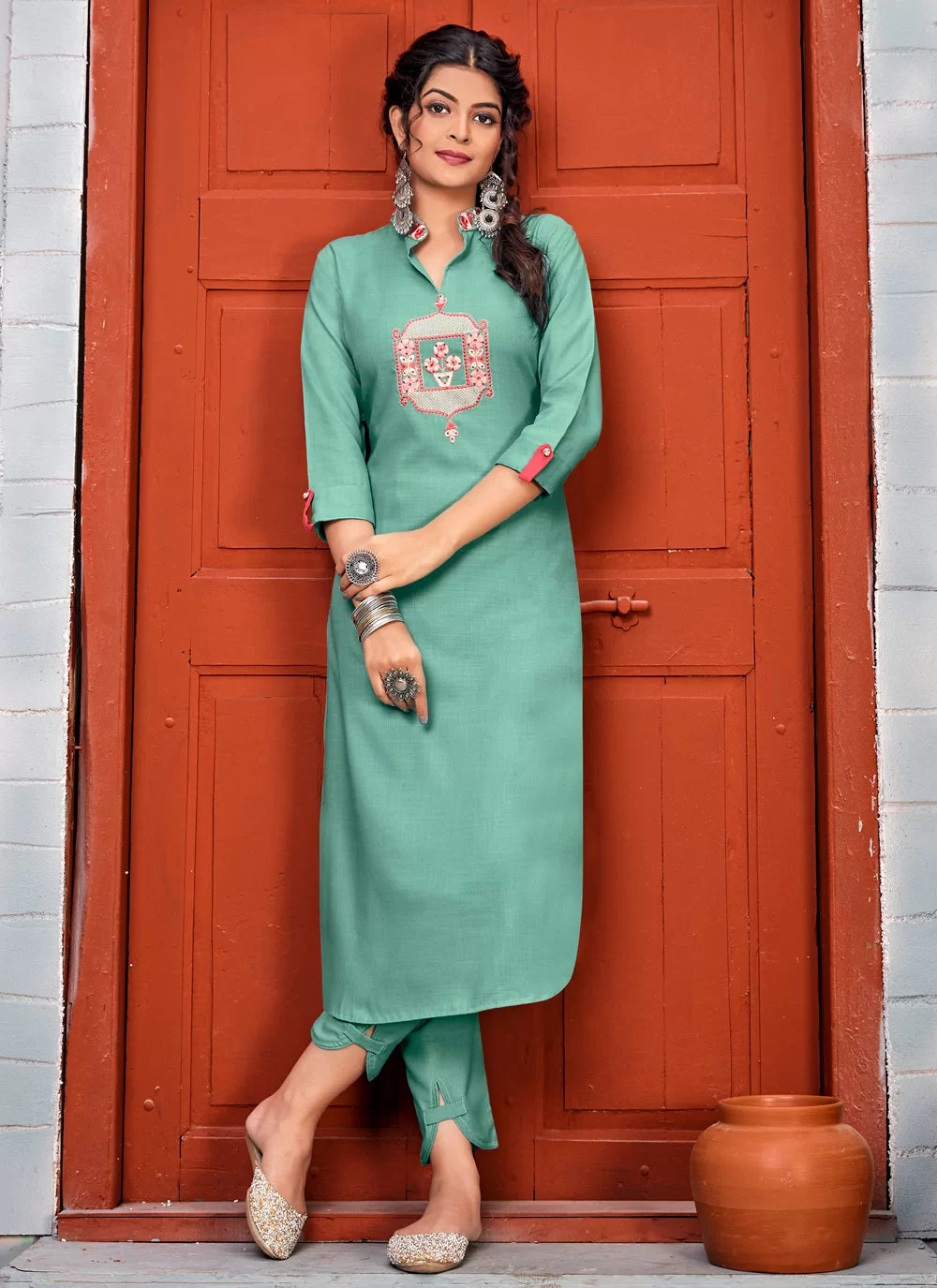 Teal green rayon kurti with pant