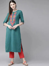 Libas Teal Green Yoke Design Cotton Kurta