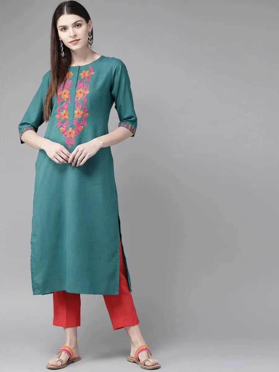 Libas Teal Green Yoke Design Cotton Kurta