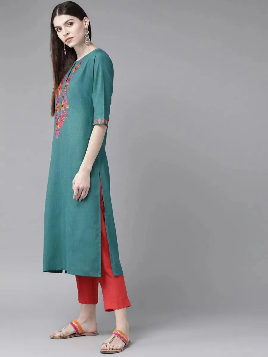 Libas Teal Green Yoke Design Cotton Kurta