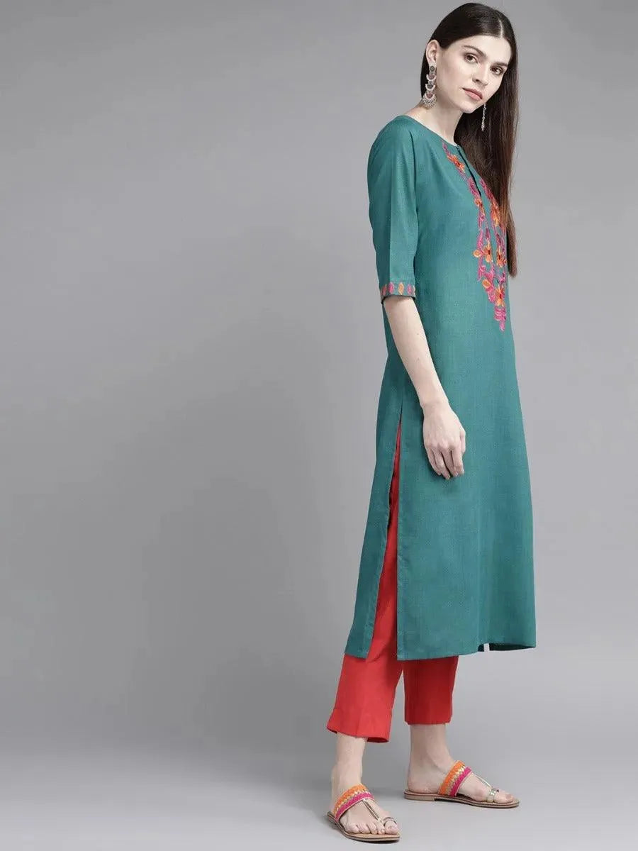 Libas Teal Green Yoke Design Cotton Kurta