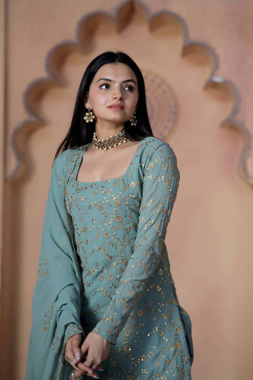 Teal Grey Premium Designer Readymade Top-Sharara-Dupatta Collection