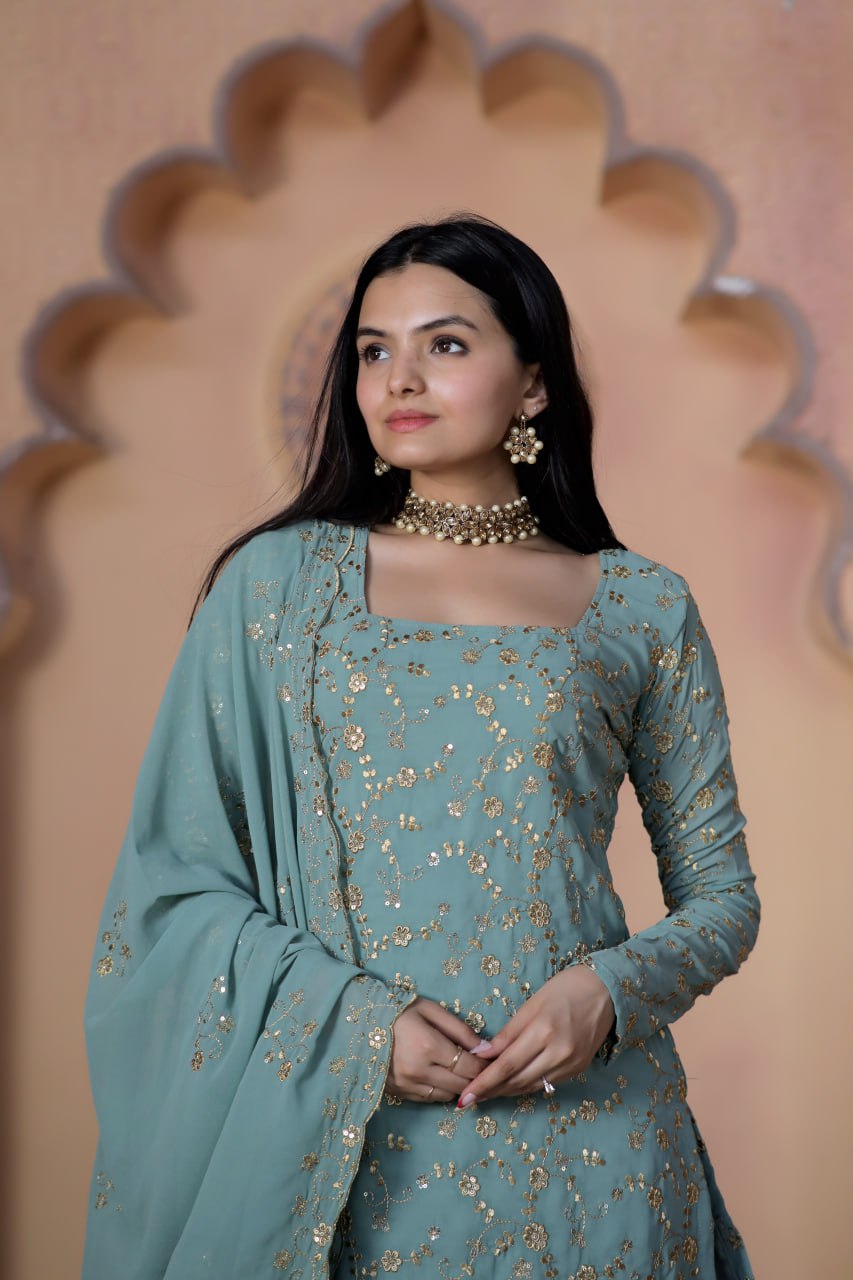 Teal Grey Premium Designer Readymade Top-Sharara-Dupatta Collection