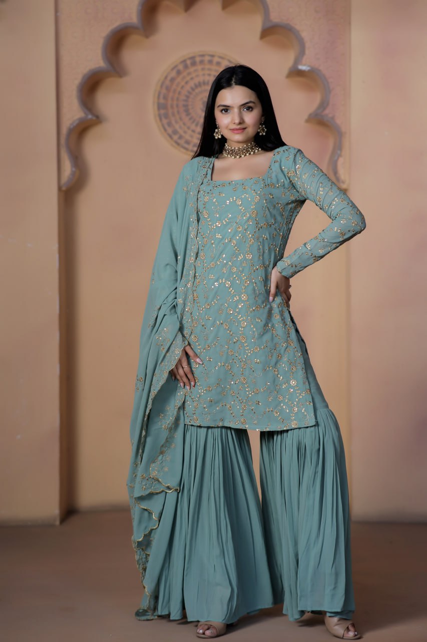 Teal Grey Premium Designer Readymade Top-Sharara-Dupatta Collection