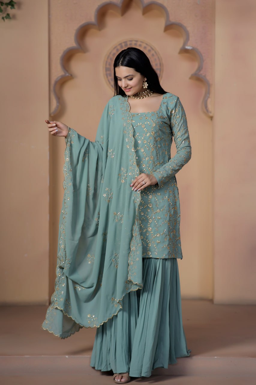 Teal Grey Premium Designer Readymade Top-Sharara-Dupatta Collection
