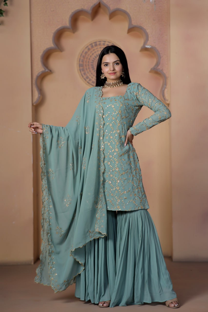 Teal Grey Premium Designer Readymade Top-Sharara-Dupatta Collection