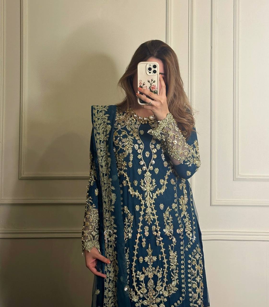 Teal Heavy Faux Georgette Embroidered Palazzo Set with 5mm Sequin & Rivet Moti Work, Fancy Latkan Border & Dupatta