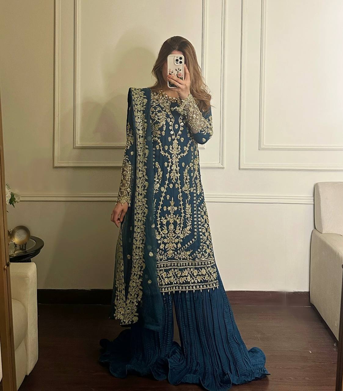 Teal Heavy Faux Georgette Embroidered Palazzo Set with 5mm Sequin & Rivet Moti Work, Fancy Latkan Border & Dupatta