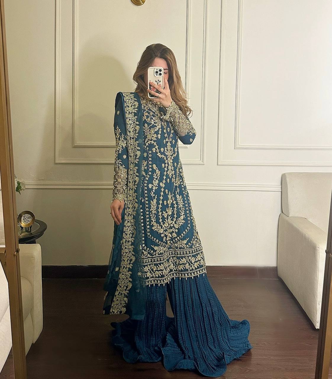Teal Heavy Faux Georgette Embroidered Palazzo Set with 5mm Sequin & Rivet Moti Work, Fancy Latkan Border & Dupatta