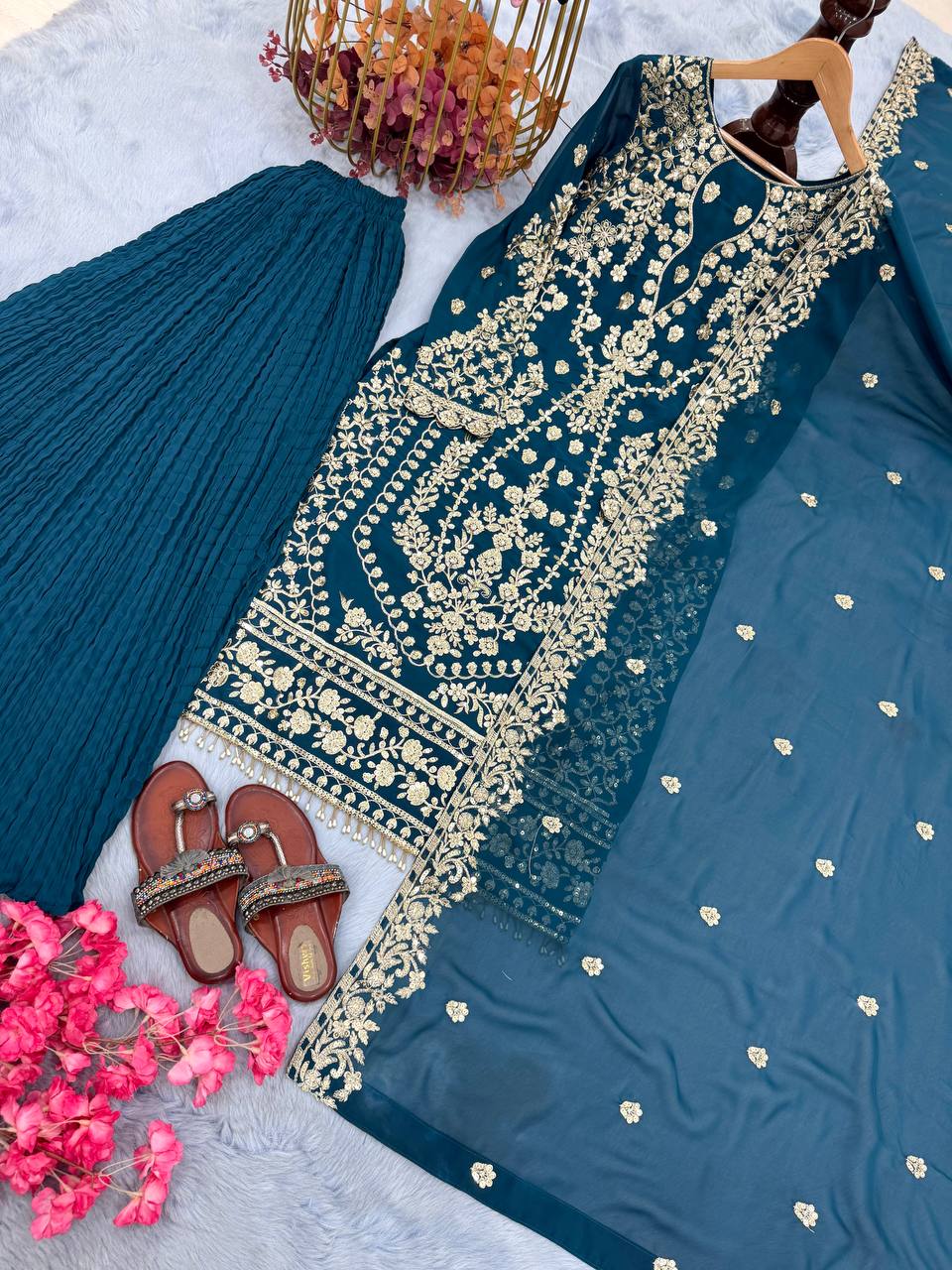 Teal Heavy Faux Georgette Embroidered Palazzo Set with 5mm Sequin & Rivet Moti Work, Fancy Latkan Border & Dupatta