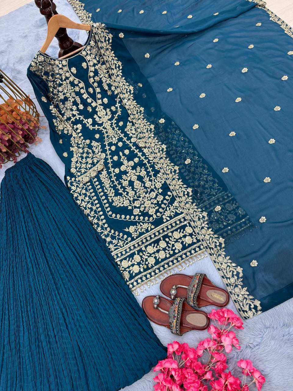 Teal Heavy Faux Georgette Embroidered Palazzo Set with 5mm Sequin & Rivet Moti Work, Fancy Latkan Border & Dupatta