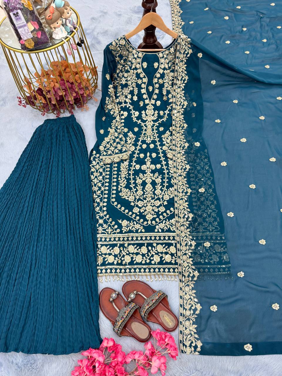 Teal Heavy Faux Georgette Embroidered Palazzo Set with 5mm Sequin & Rivet Moti Work, Fancy Latkan Border & Dupatta
