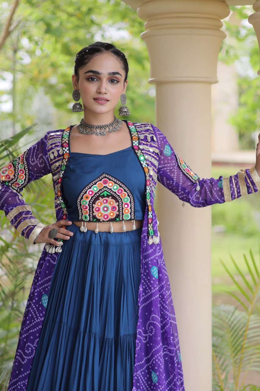 Teal Lehenga with Bandhani Shrug