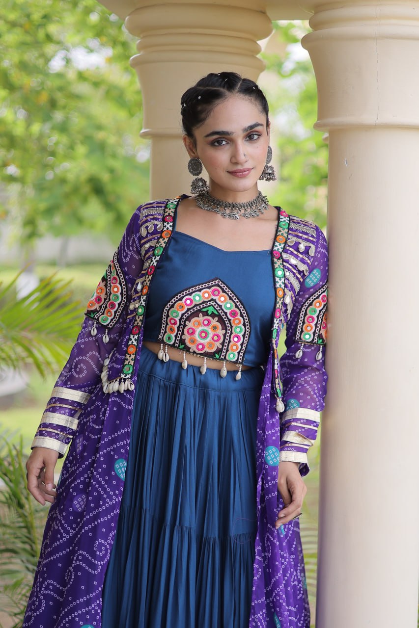 Teal Lehenga with Bandhani Shrug