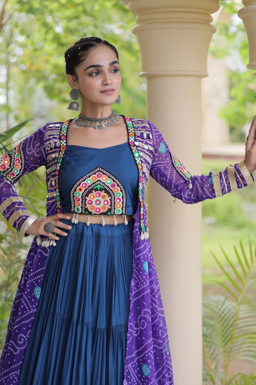 Teal Lehenga with Bandhani Shrug