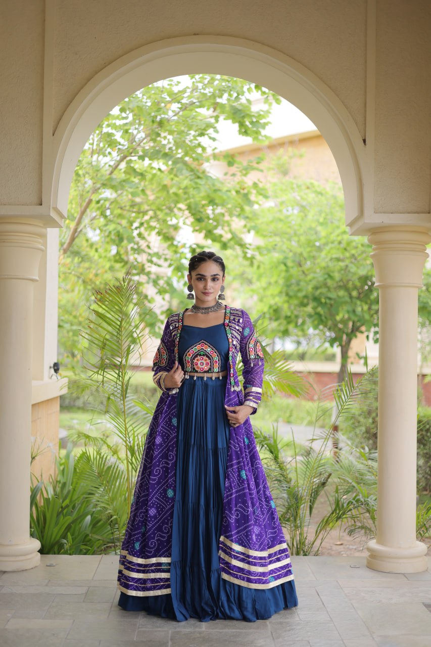 Teal Lehenga with Bandhani Shrug