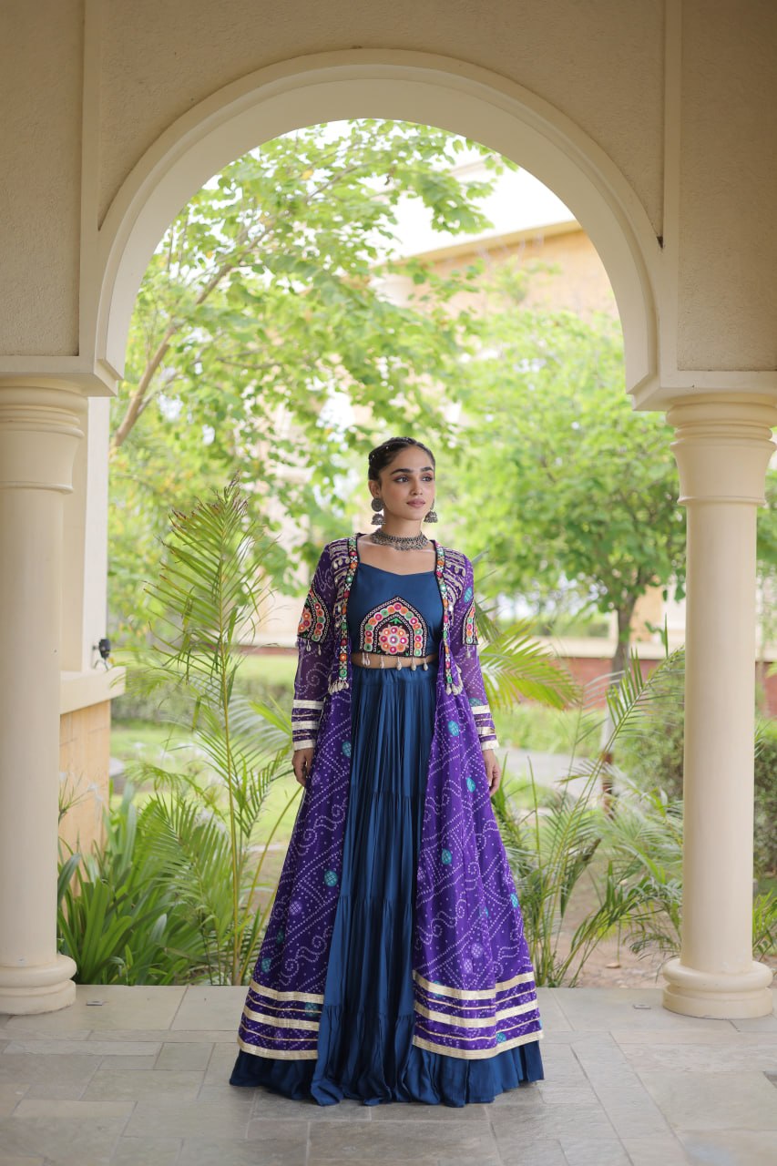 Teal Lehenga with Bandhani Shrug