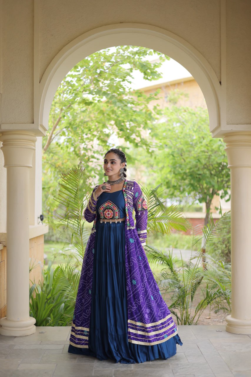 Teal Lehenga with Bandhani Shrug