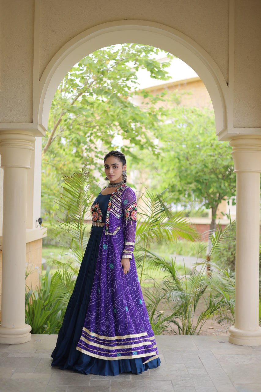 Teal Lehenga with Bandhani Shrug