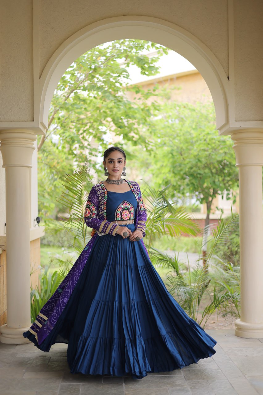 Teal Lehenga with Bandhani Shrug