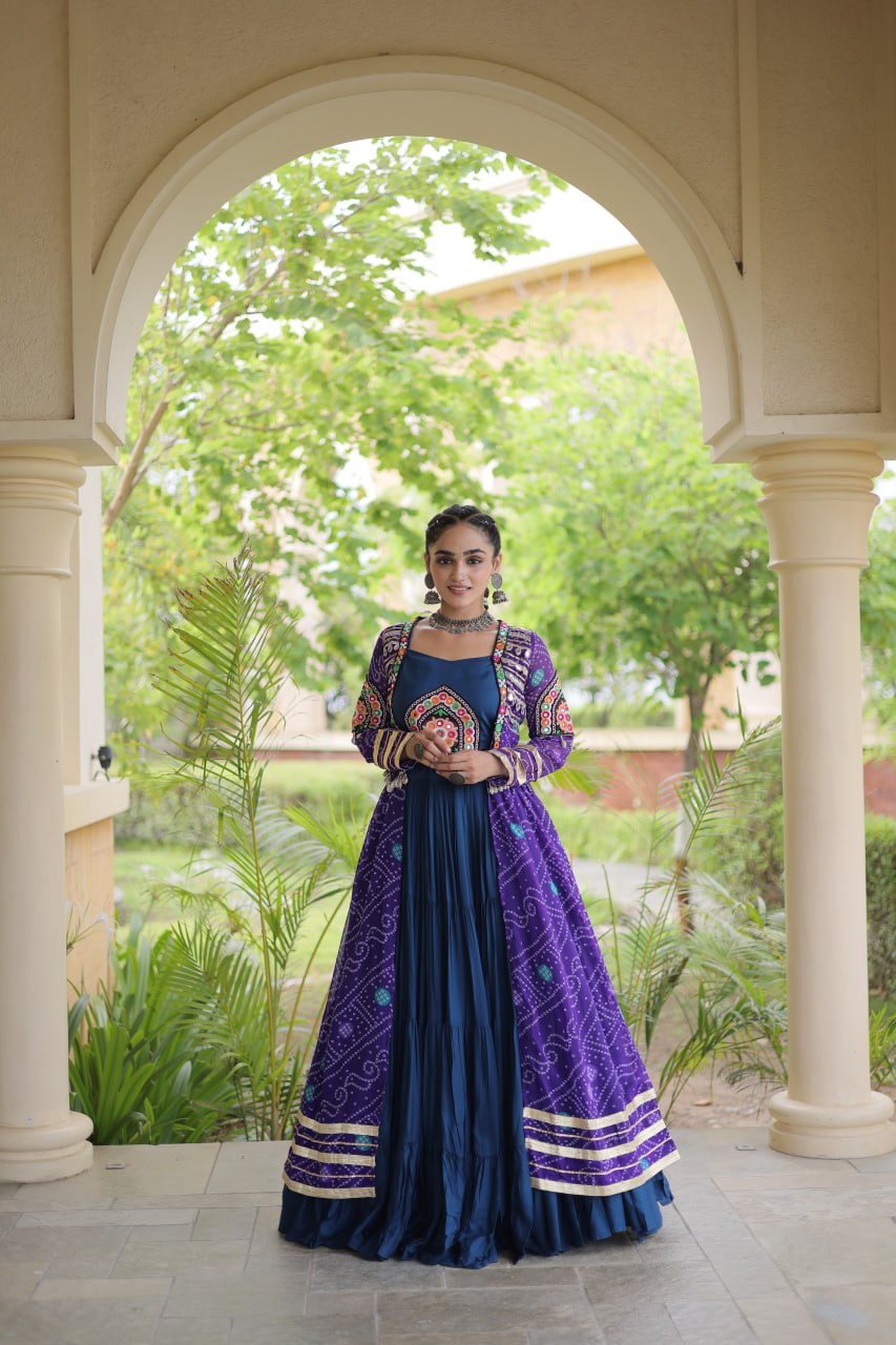 Teal Lehenga with Bandhani Shrug