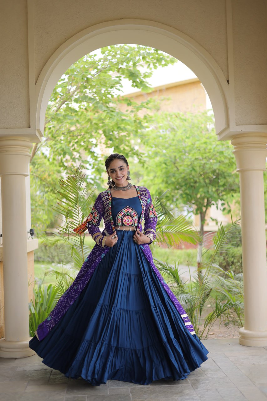 Teal Lehenga with Bandhani Shrug