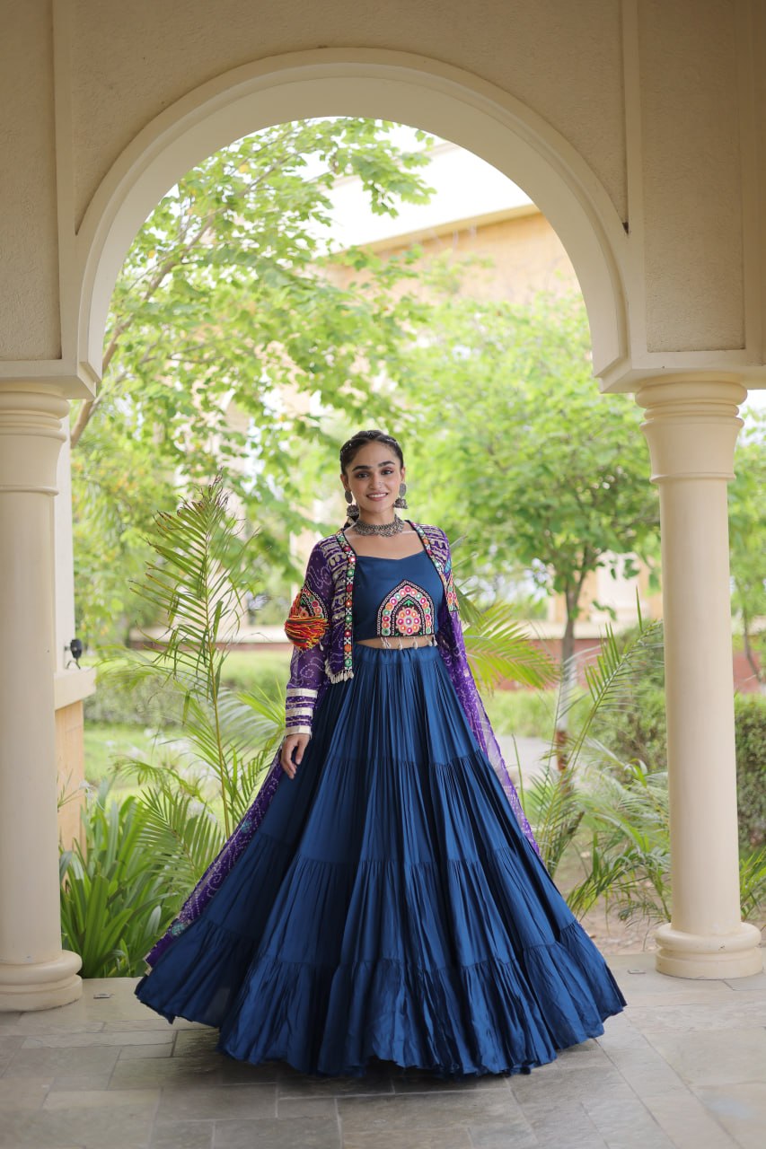 Teal Lehenga with Bandhani Shrug