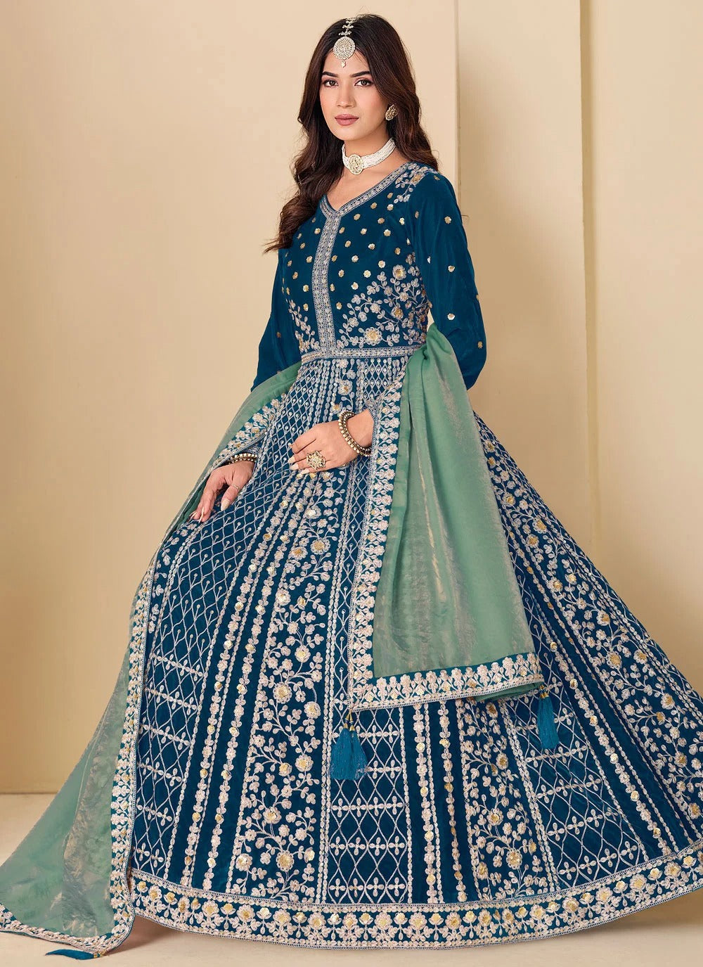 Teal velvet abaya style anarkali suit with embroidery work silk dupatta