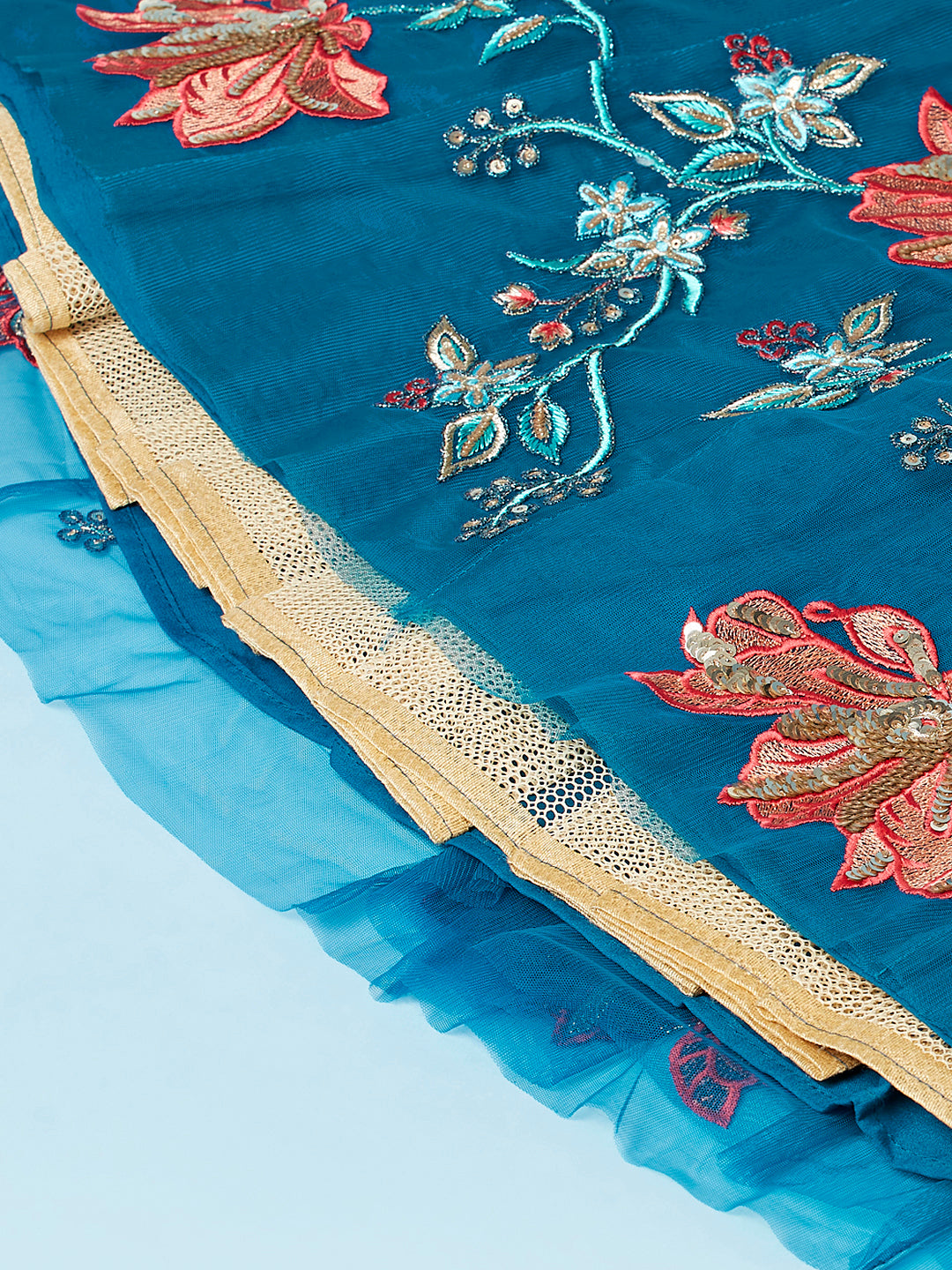 Teal Net Peach Colour Sequinse Work Semi-Stitched Lehenga & Unstitched Blouse, Dupatta