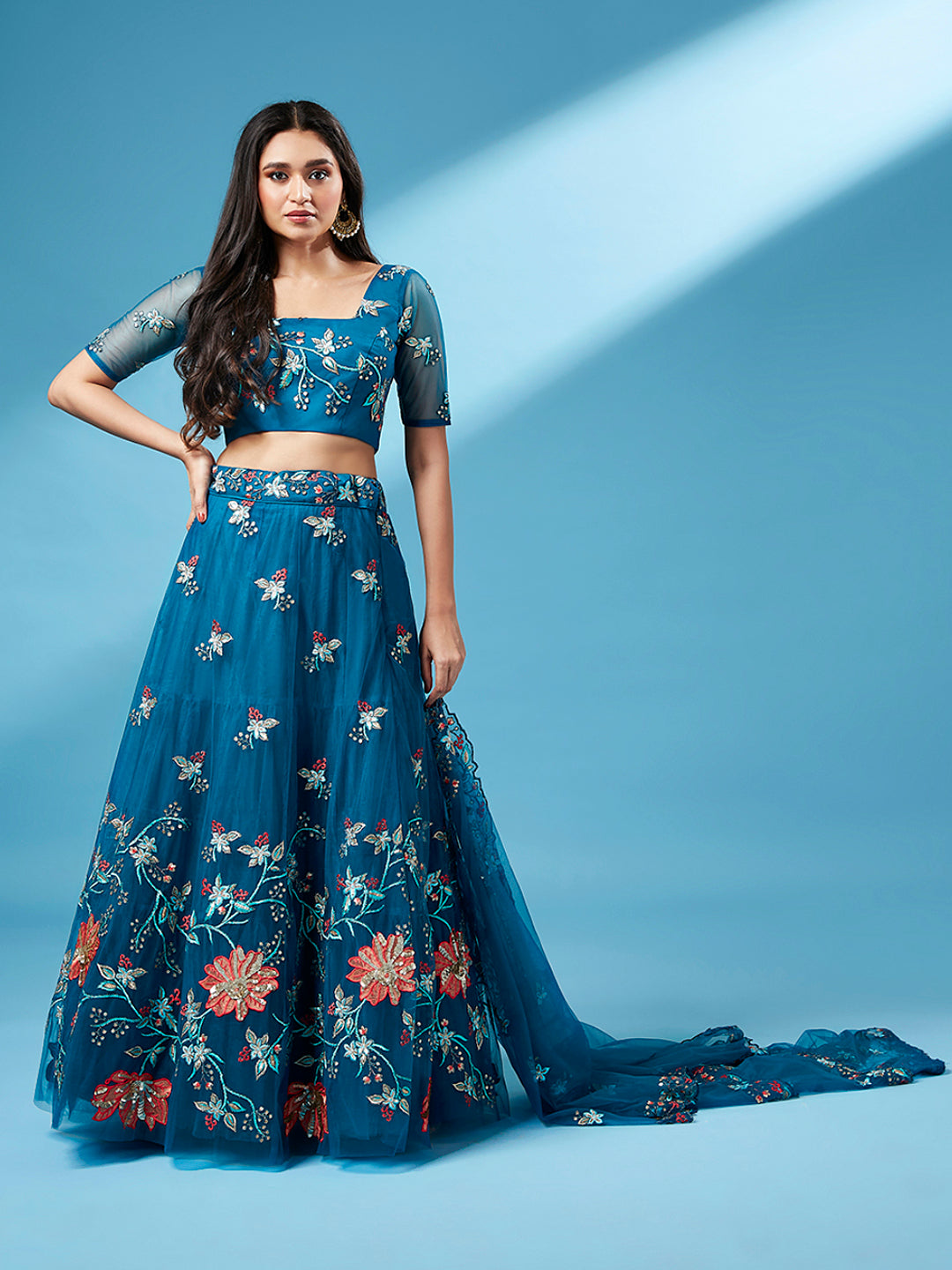Teal Net Peach Colour Sequinse Work Semi-Stitched Lehenga & Unstitched Blouse, Dupatta