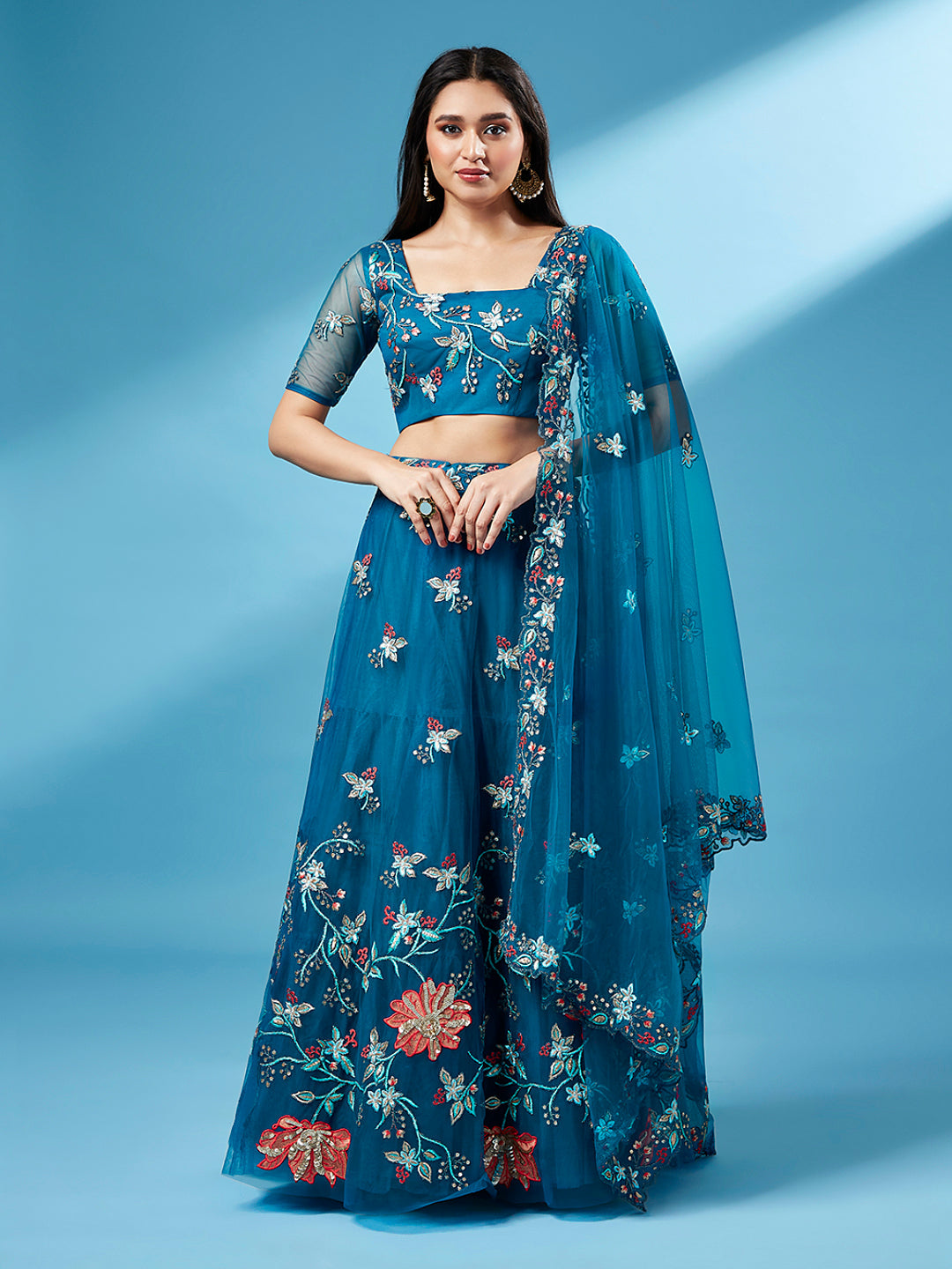 Teal Net Peach Colour Sequinse Work Semi-Stitched Lehenga & Unstitched Blouse, Dupatta