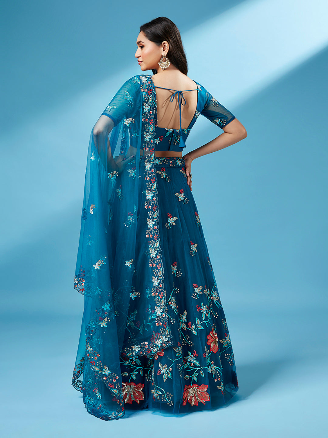 Teal Net Peach Colour Sequinse Work Semi-Stitched Lehenga & Unstitched Blouse, Dupatta