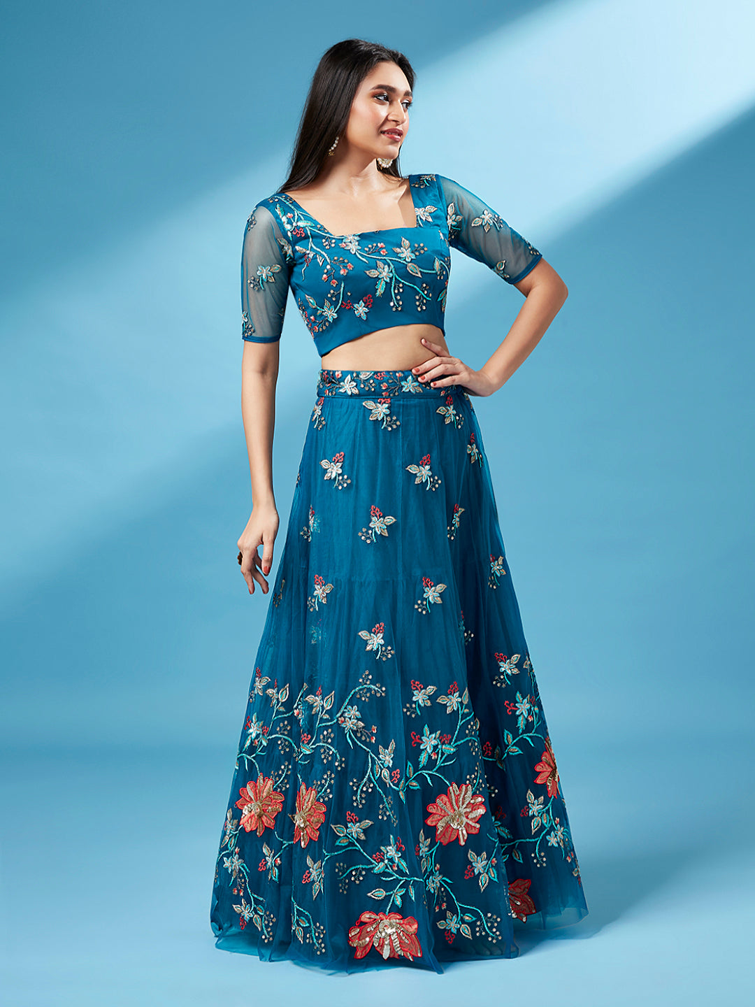 Teal Net Peach Colour Sequinse Work Semi-Stitched Lehenga & Unstitched Blouse, Dupatta