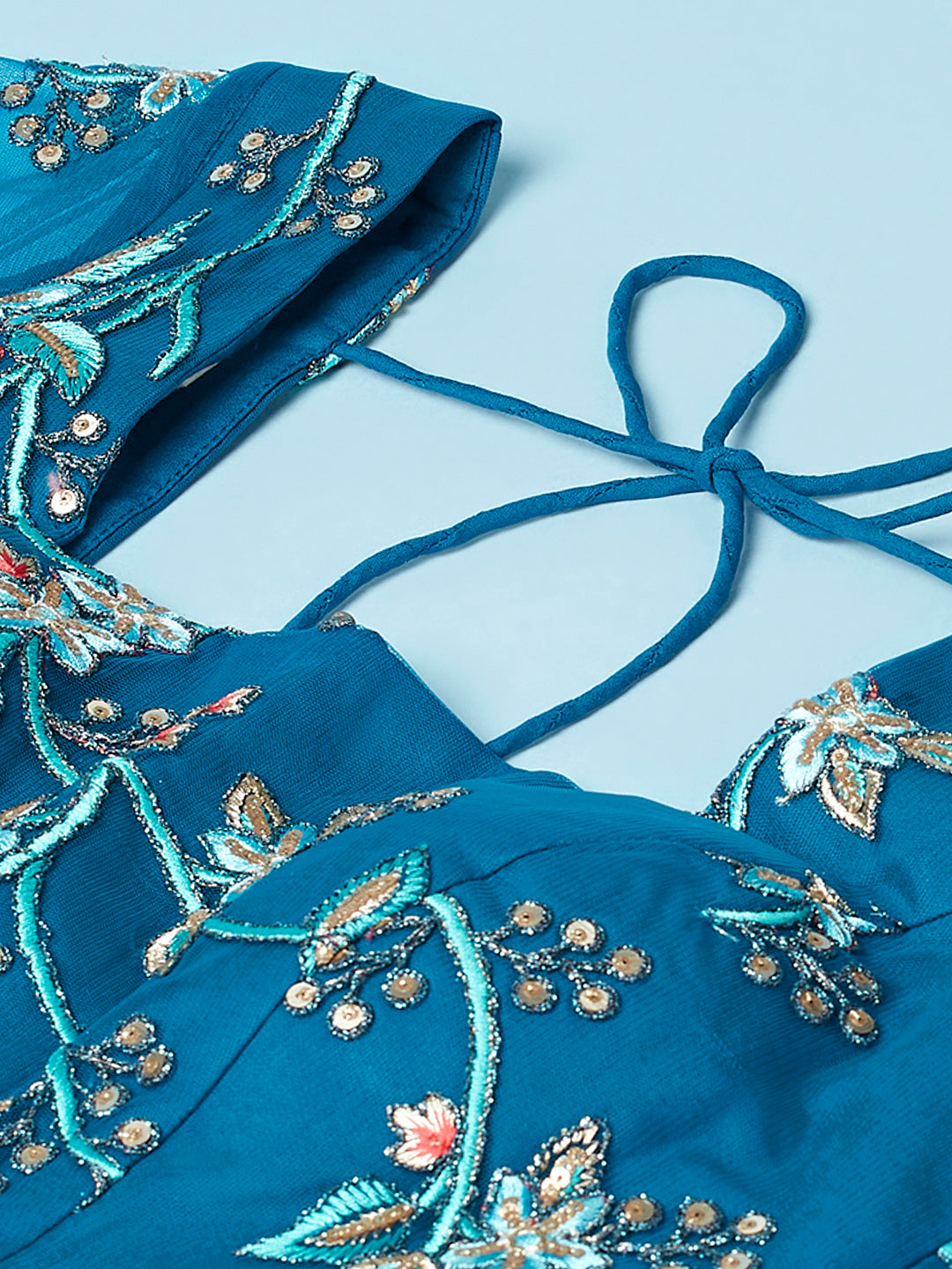 Teal Net Peach Colour Sequinse Work Semi-Stitched Lehenga & Unstitched Blouse, Dupatta