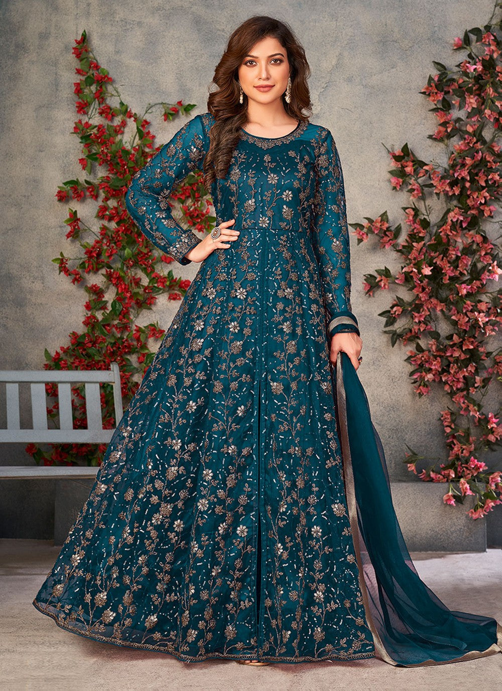 Teal net sequins embroidered slit pant style salwar suit for women