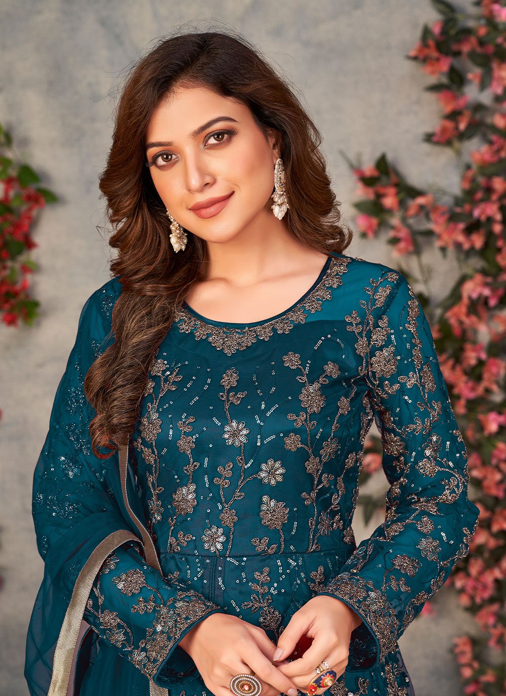 Teal net sequins embroidered slit pant style salwar suit for women