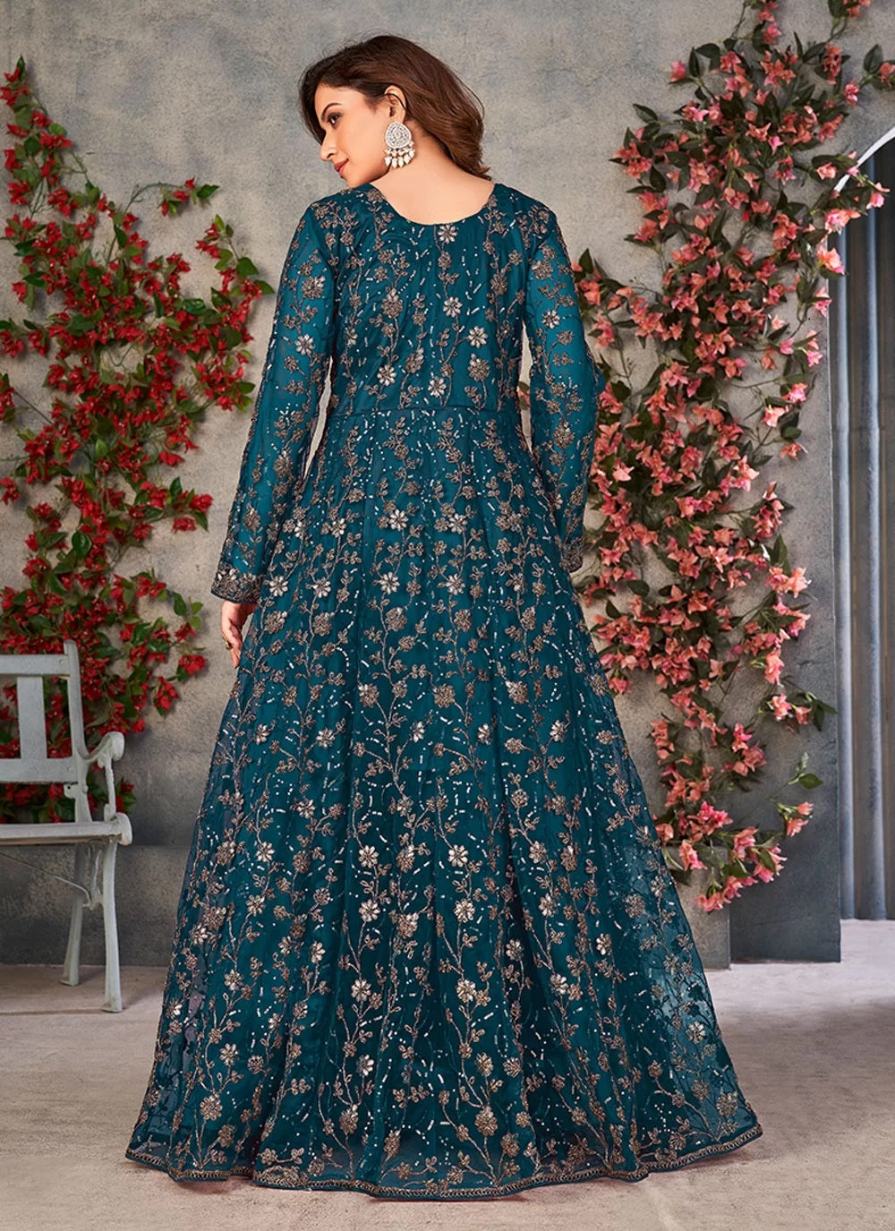 Teal net sequins embroidered slit pant style salwar suit for women