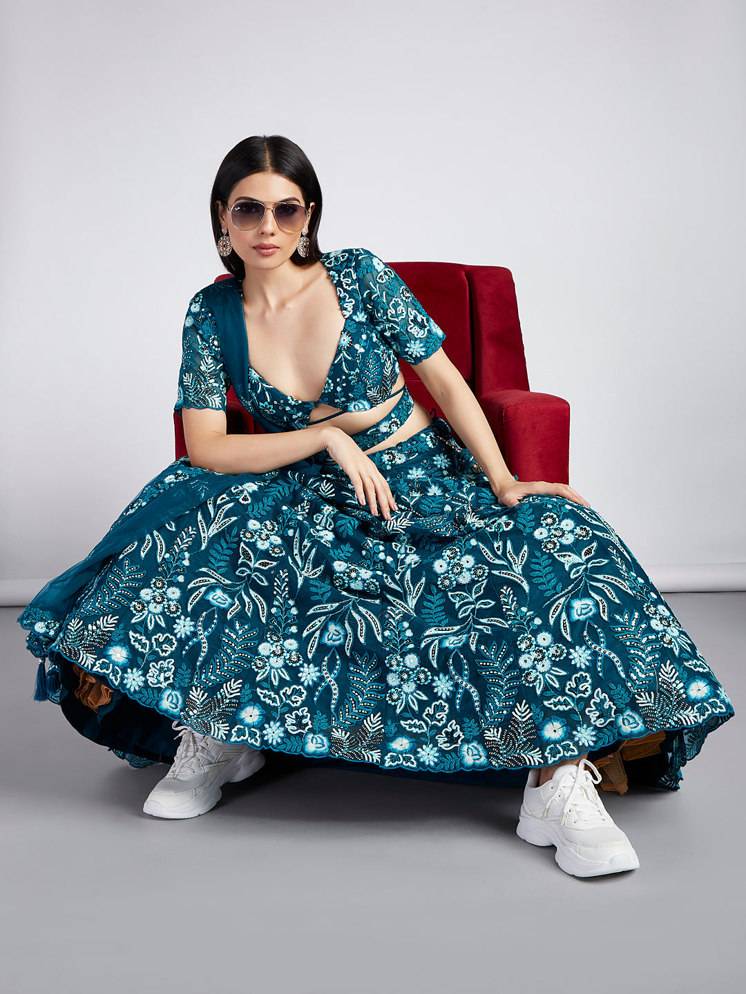 Teal Net Sequins, Mirror and thread embroidery Semi-Stitched Lehenga choli & Dupatta