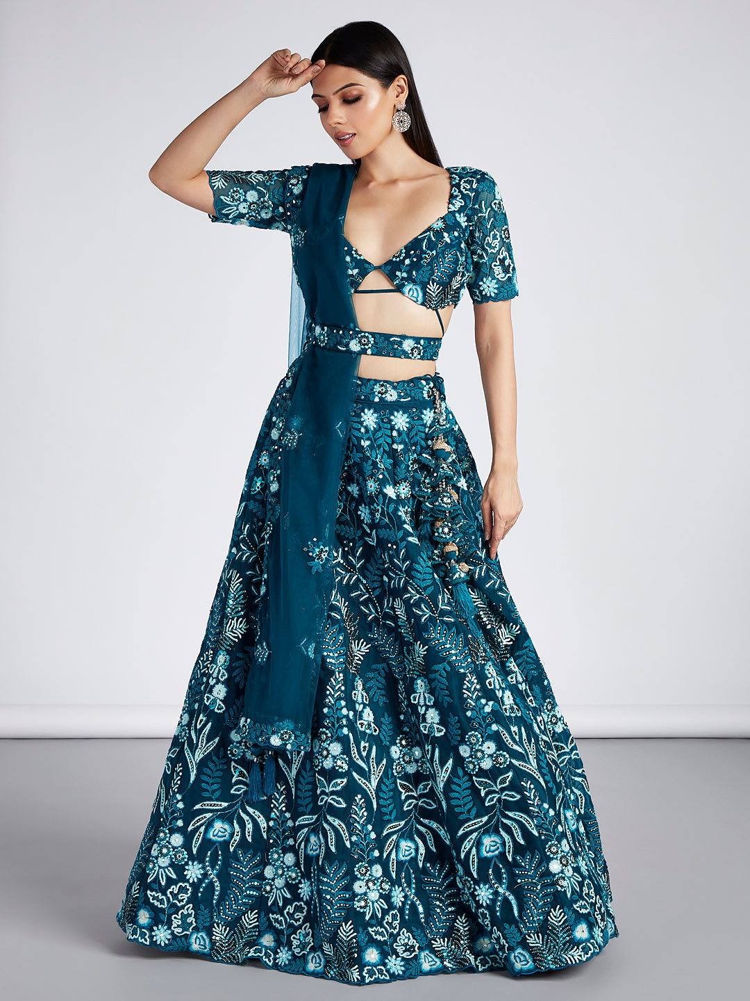 Teal Net Sequins, Mirror and thread embroidery Semi-Stitched Lehenga choli & Dupatta